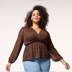 INTEMPO NWT Women's Surplice Faux Wrap Plus Size 3X Brown/Black Snakeskin Print